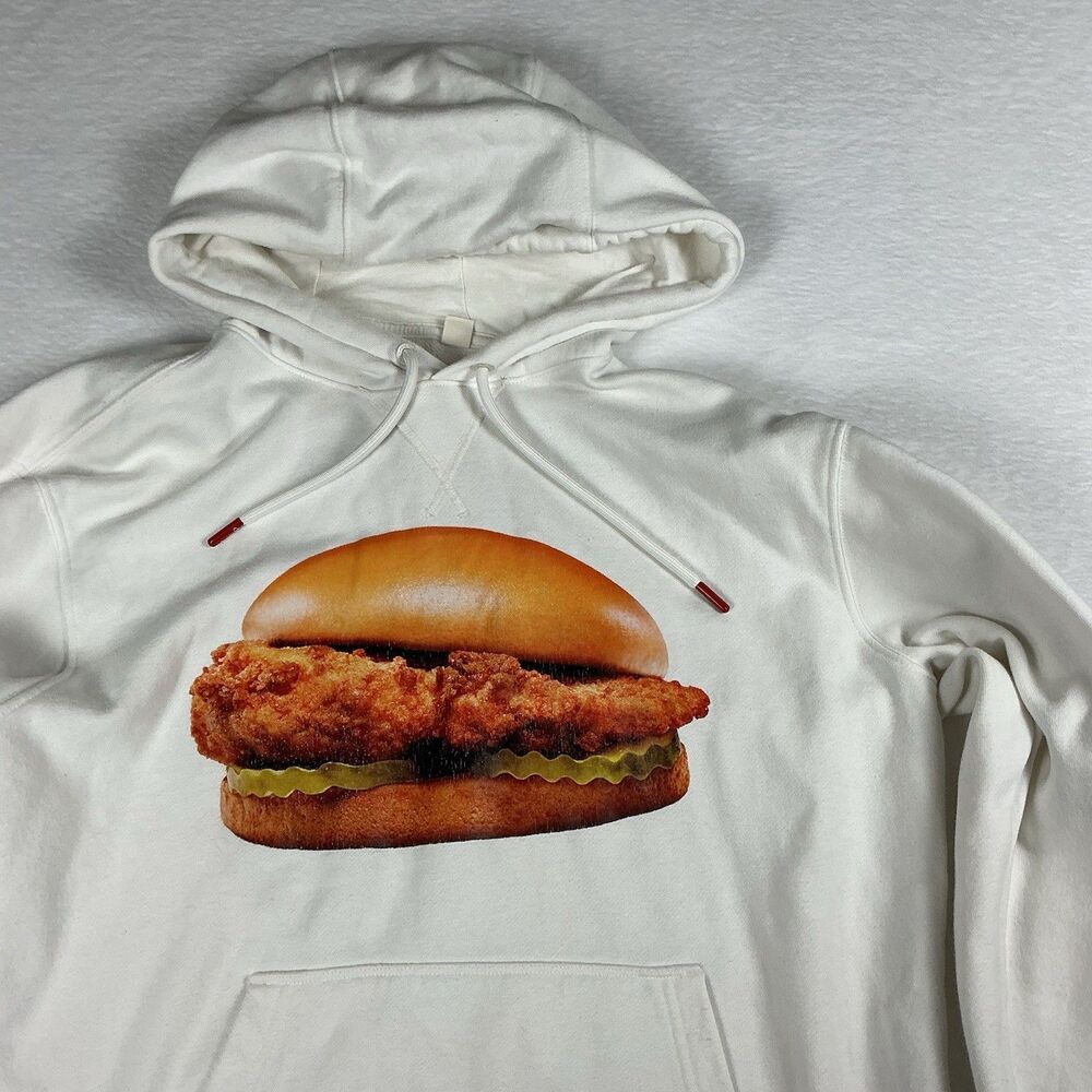 Chick-fil-A Chicken Sandwich Hoodie Mens M Cream Graphic Pullover Sweatshirt